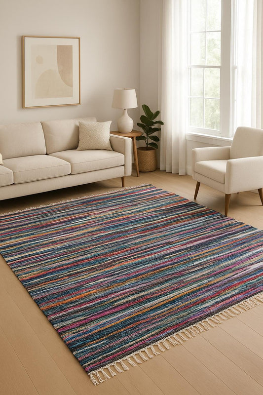 Alfombra Chindi Multicolor, Tapete Boho Tejido a Mano, Alfombra Texturizada Artesanal para Decoración de Interiores