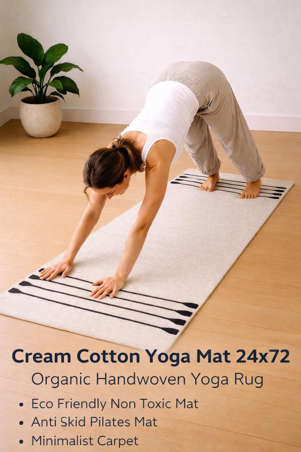 Cream Cotton Yoga Mat 24x72, Organic Handwoven Yoga Rug, Eco Friendly Non Toxic Mat, Anti Skid Pilates Mat, Minimalist Carpet