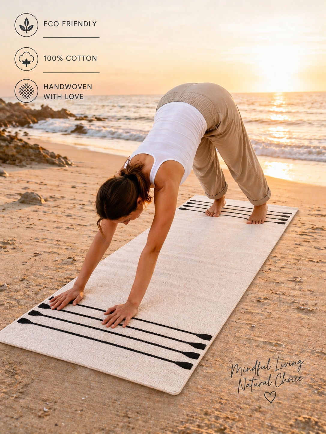 Cream Cotton Yoga Mat 24x72, Organic Handwoven Yoga Rug, Eco Friendly Non Toxic Mat, Anti Skid Pilates Mat, Minimalist Carpet