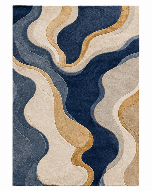 Neutral Abstract Wool Rug, Cream Beige Area Rug, Hand Tufted Modern Rug, Organic Wavy Pattern, Luxury Living Room Carpet