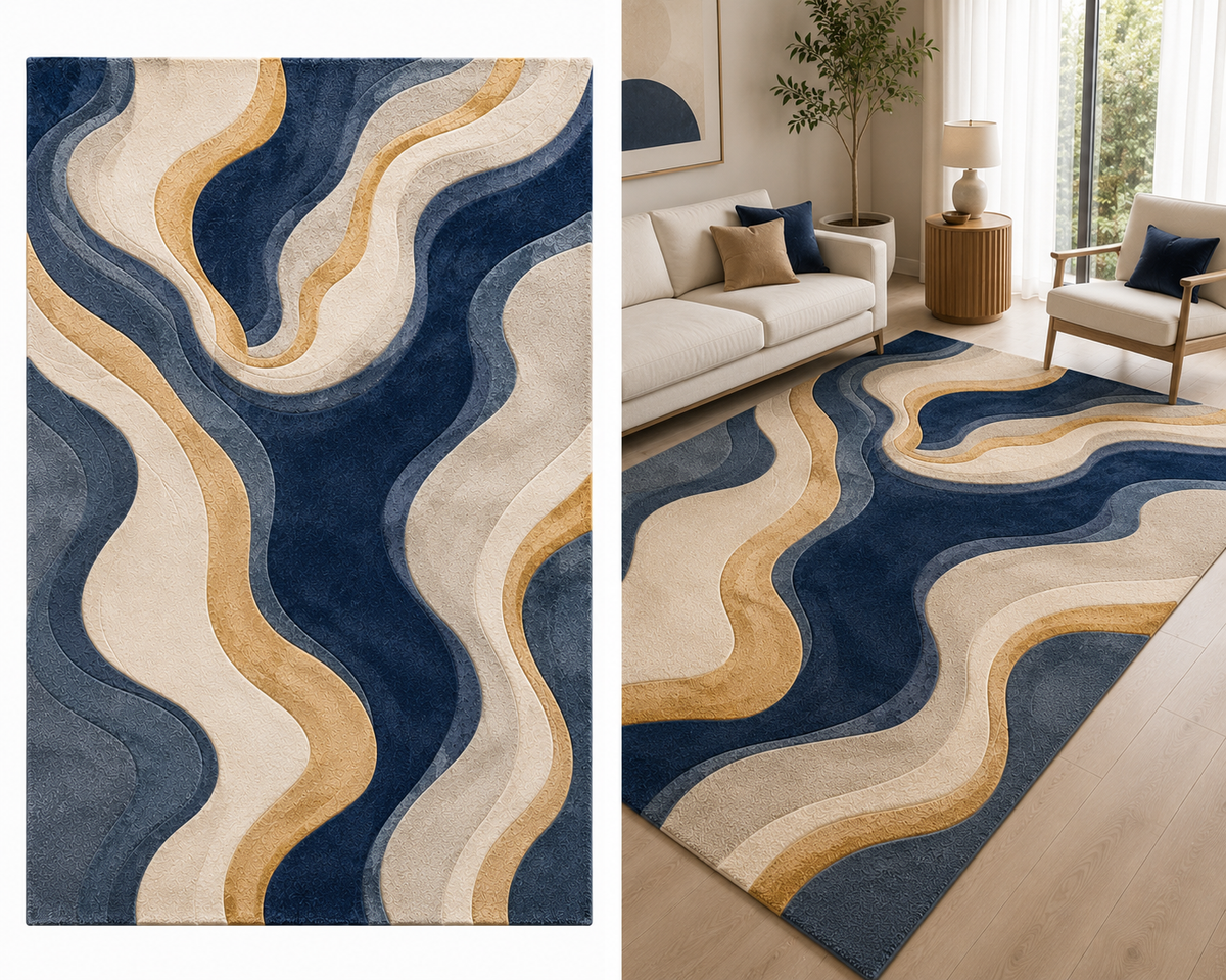 Neutral Abstract Wool Rug, Cream Beige Area Rug, Hand Tufted Modern Rug, Organic Wavy Pattern, Luxury Living Room Carpet