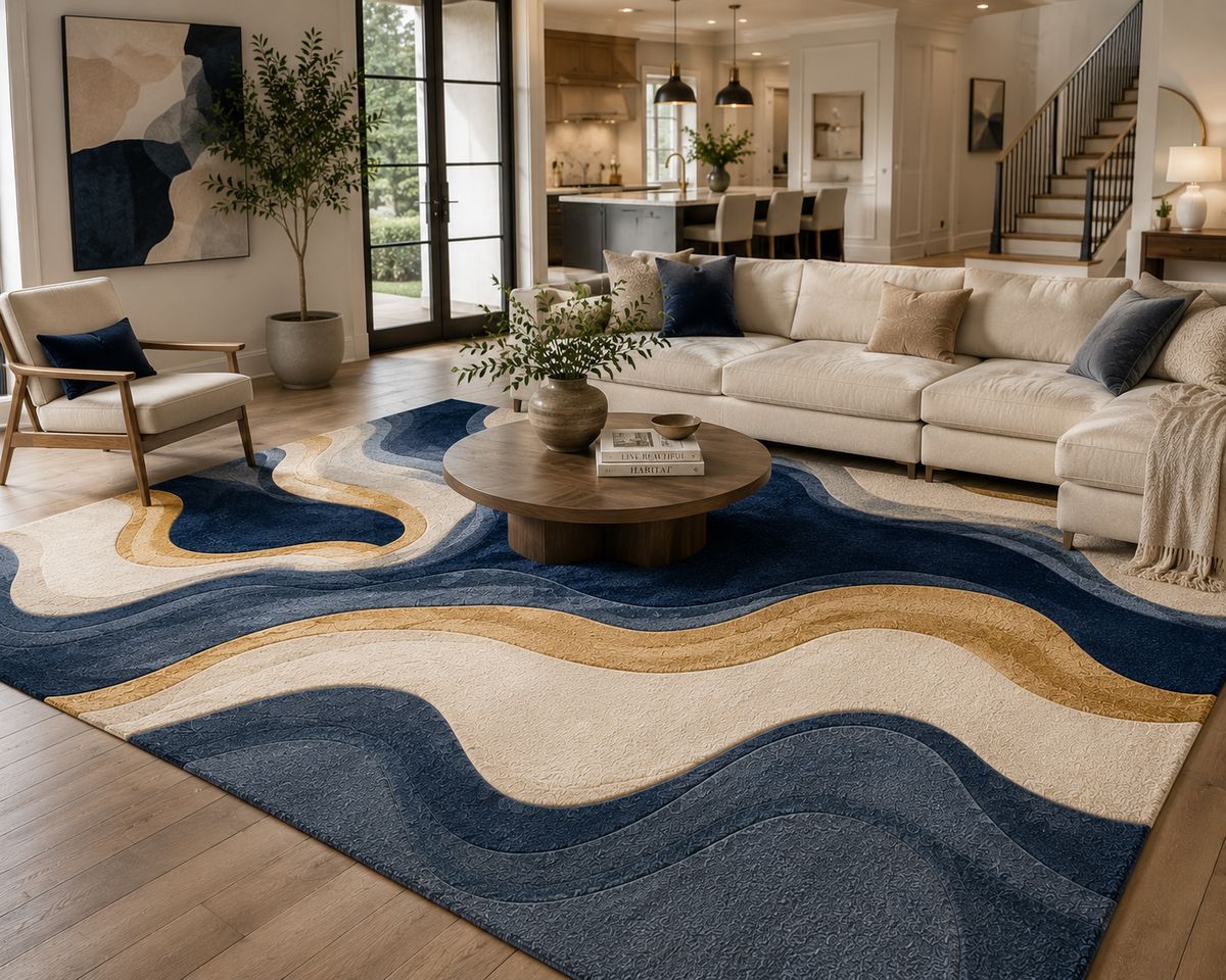 Neutral Abstract Wool Rug, Cream Beige Area Rug, Hand Tufted Modern Rug, Organic Wavy Pattern, Luxury Living Room Carpet