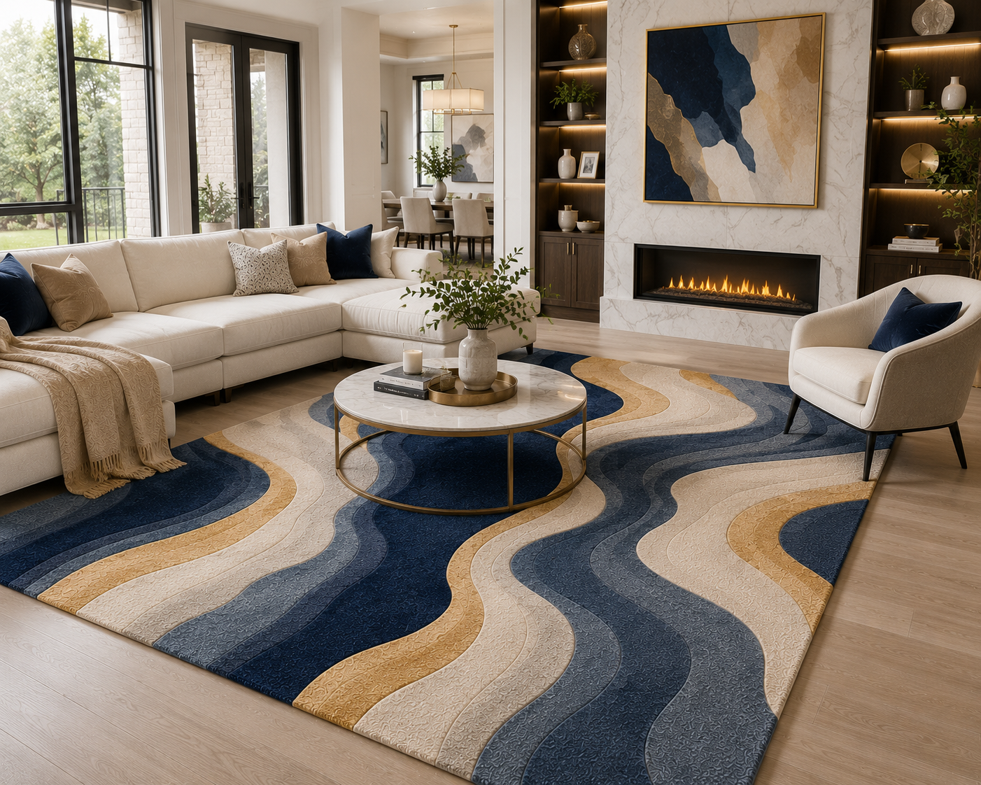 Neutral Abstract Wool Rug, Cream Beige Area Rug, Hand Tufted Modern Rug, Organic Wavy Pattern, Luxury Living Room Carpet