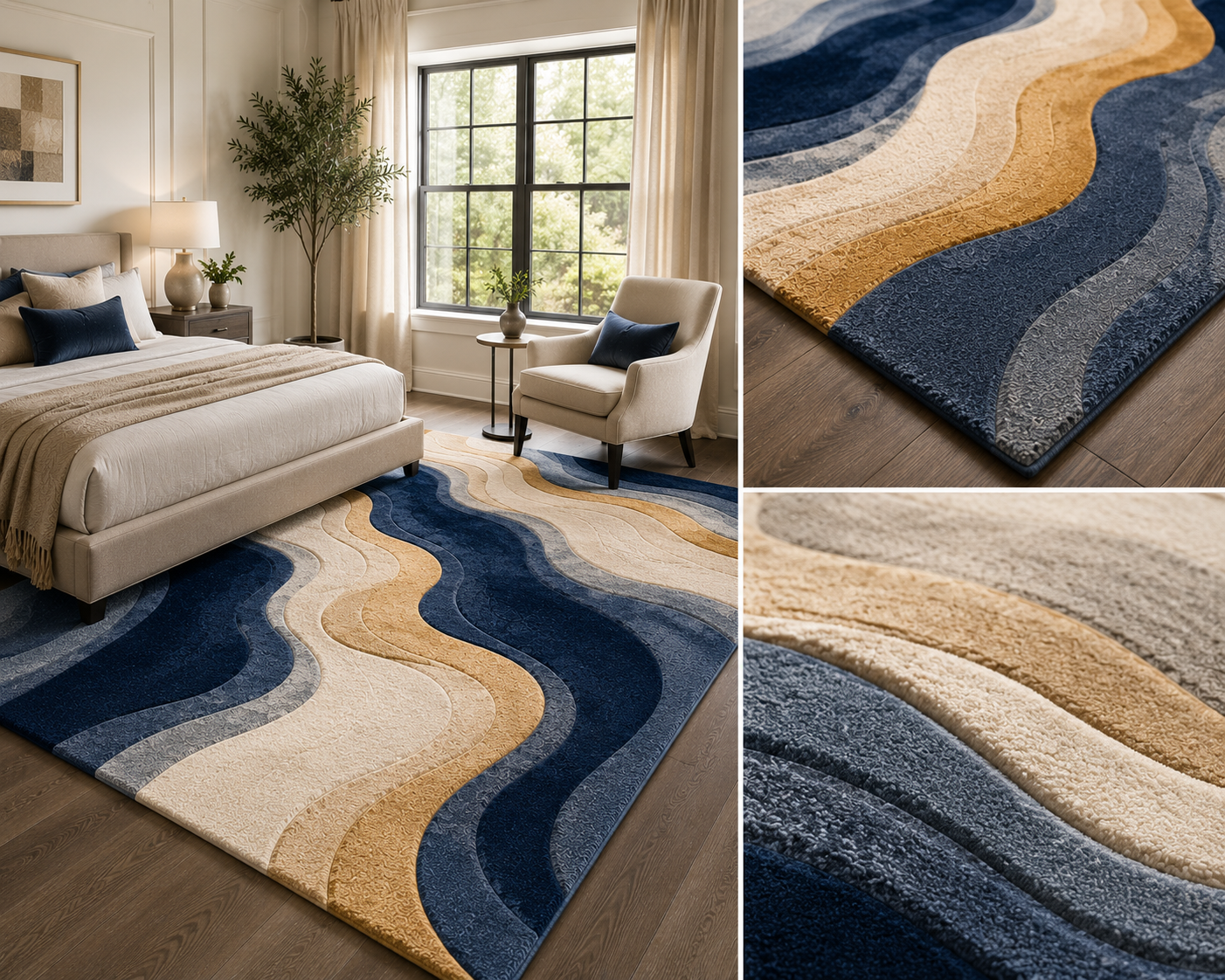 Neutral Abstract Wool Rug, Cream Beige Area Rug, Hand Tufted Modern Rug, Organic Wavy Pattern, Luxury Living Room Carpet