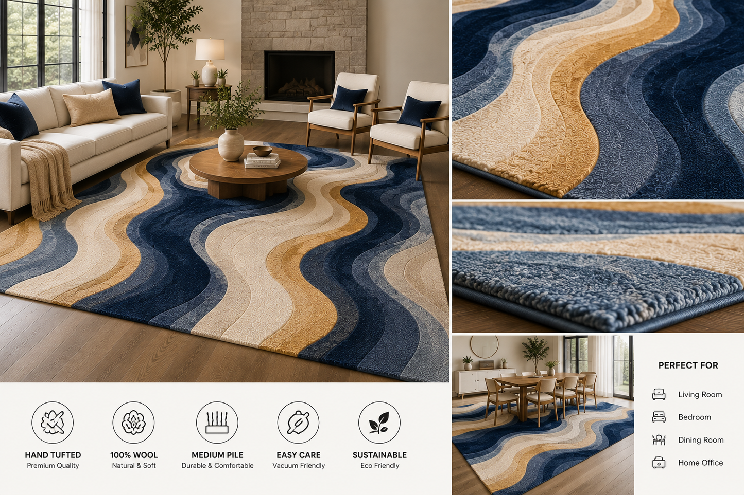 Neutral Abstract Wool Rug, Cream Beige Area Rug, Hand Tufted Modern Rug, Organic Wavy Pattern, Luxury Living Room Carpet