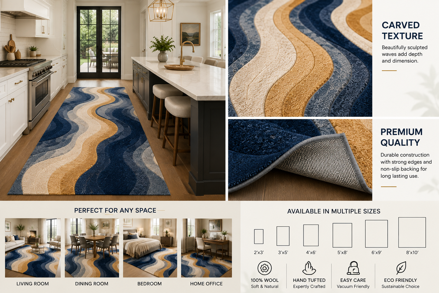 Neutral Abstract Wool Rug, Cream Beige Area Rug, Hand Tufted Modern Rug, Organic Wavy Pattern, Luxury Living Room Carpet