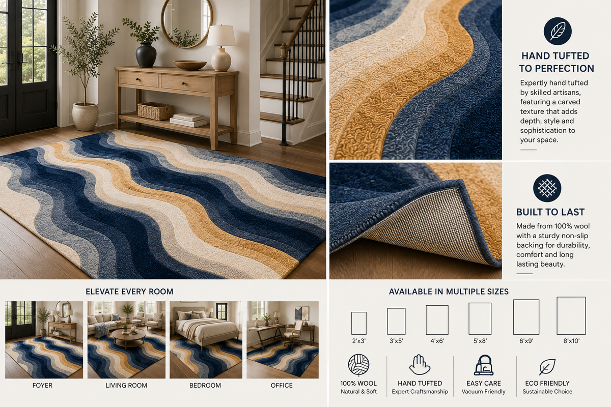 Neutral Abstract Wool Rug, Cream Beige Area Rug, Hand Tufted Modern Rug, Organic Wavy Pattern, Luxury Living Room Carpet