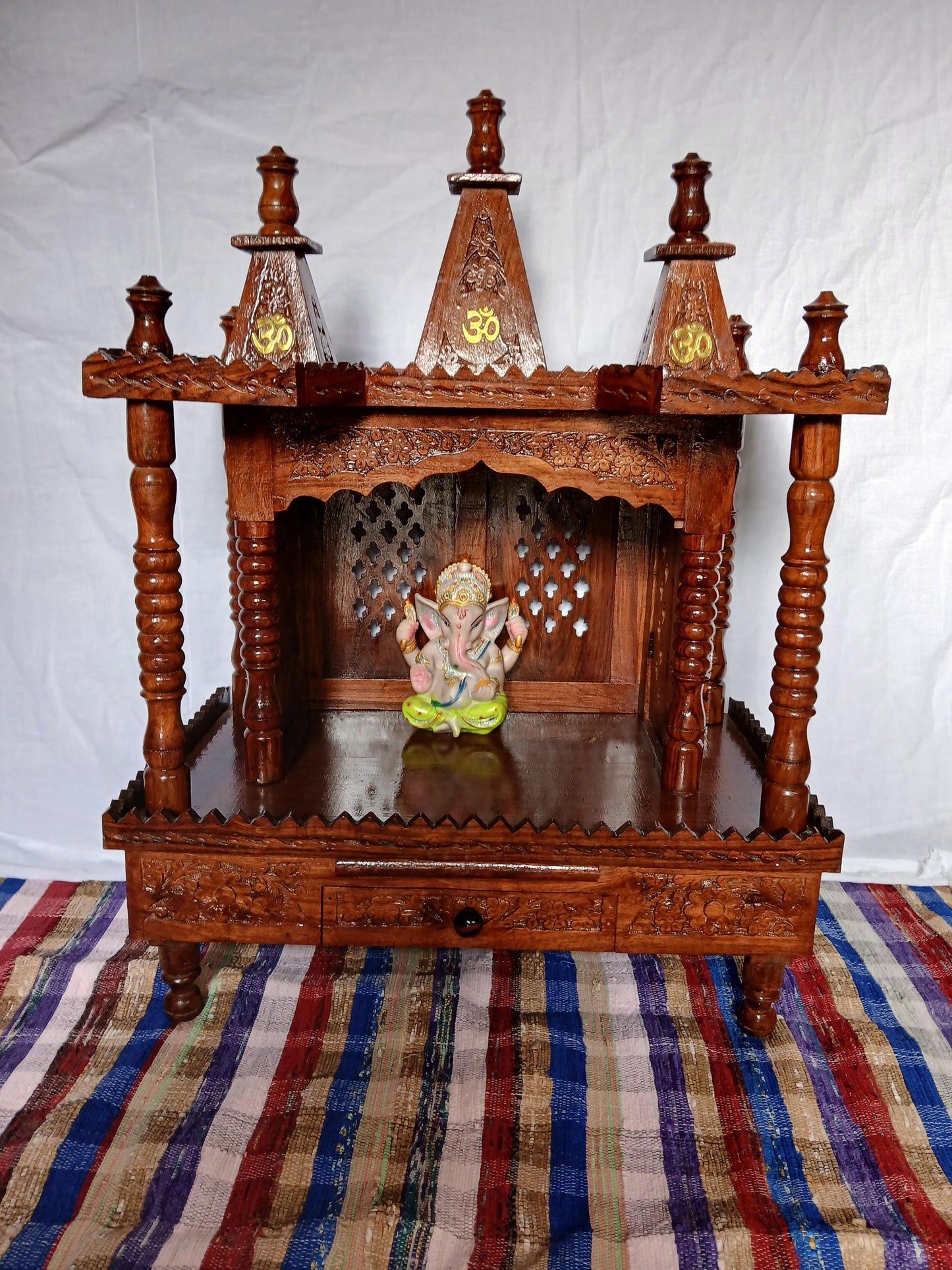 Premium Sheesham Wood Temple, Handcrafted Wooden Pooja Mandir with Dome, Floor Rested Indian Home Temple, Hindu Altar for Home and Office