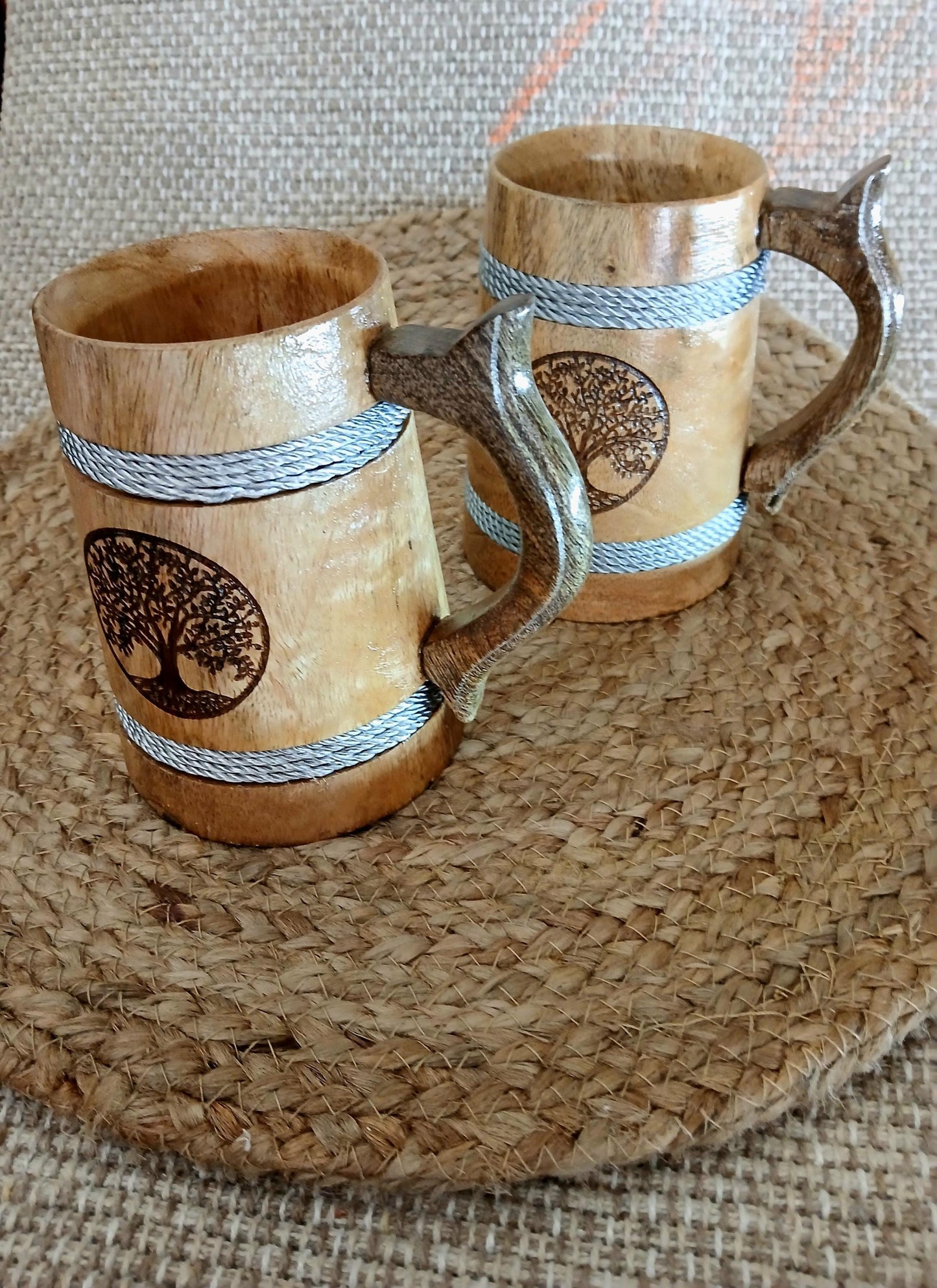 Handcrafted Wooden Mug with Tree of Life Engraving, Viking-Inspired Rustic Wooden Tankard, Unique Nature-Themed Mug for Coffee, Tea, Beer