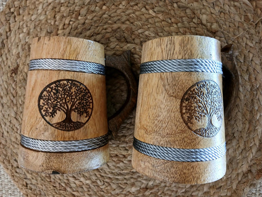 Handcrafted Wooden Mug with Tree of Life Engraving, Viking-Inspired Rustic Wooden Tankard, Unique Nature-Themed Mug for Coffee, Tea, Beer