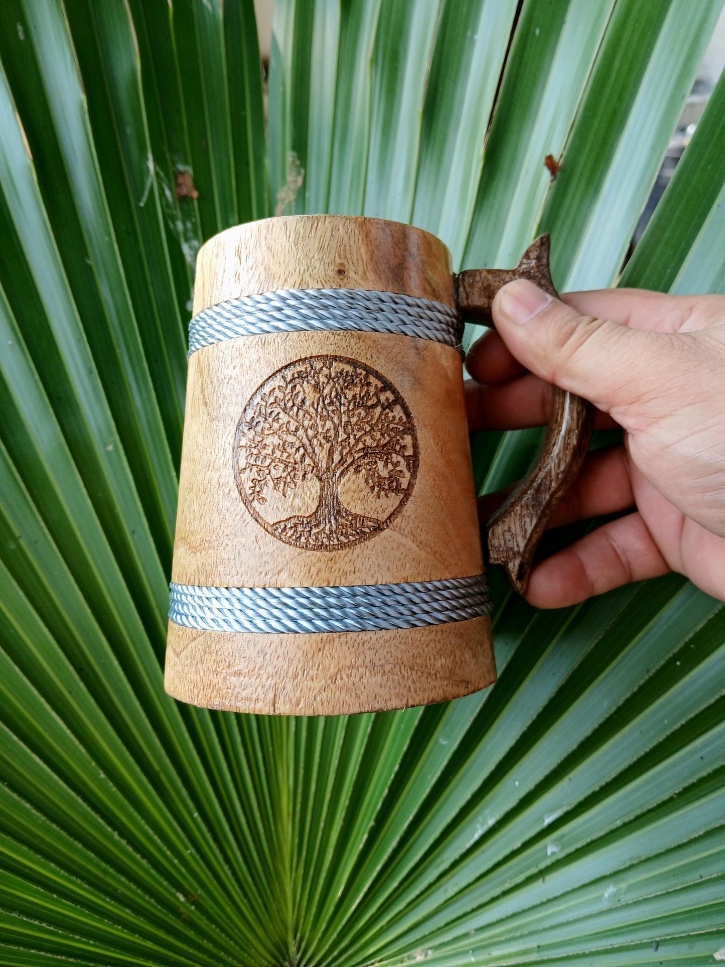 Handcrafted Wooden Mug with Tree of Life Engraving, Viking-Inspired Rustic Wooden Tankard, Unique Nature-Themed Mug for Coffee, Tea, Beer