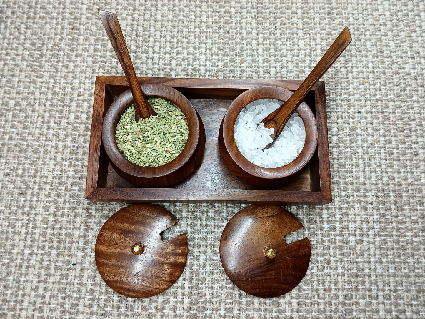 Rustic Wooden Seasoning Spice Jars, Wooden Salt Box with Tray, Perfect for Condiments, Mouth Fresheners & Kitchen Storage