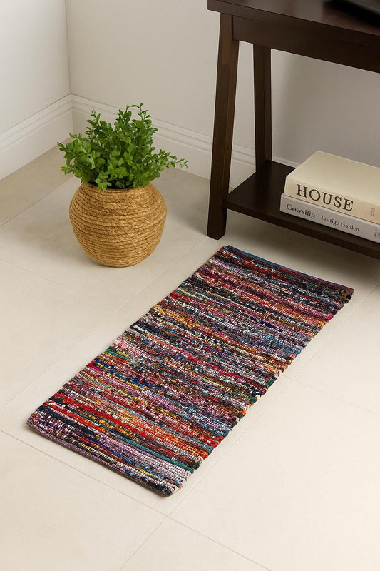 Alfombra Chindi vibrante hecha a mano – Alfombra india tejida a mano y colorida para decoración bohemia chic