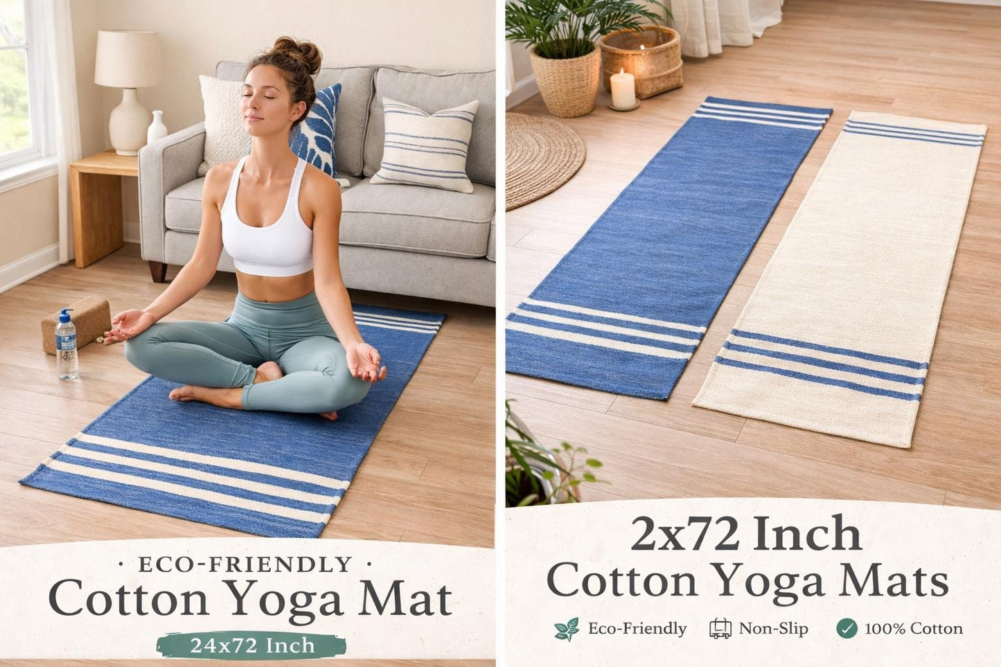Organic Cotton Yoga Mat 24x72 Handloom, Eco Friendly Non Toxic Yoga Rug, Washable Meditation Mat, Sweat Absorbent