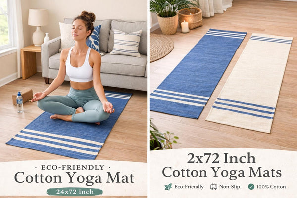 Organic Cotton Yoga Mat 24x72 Handloom, Eco Friendly Non Toxic Yoga Rug, Washable Meditation Mat, Sweat Absorbent