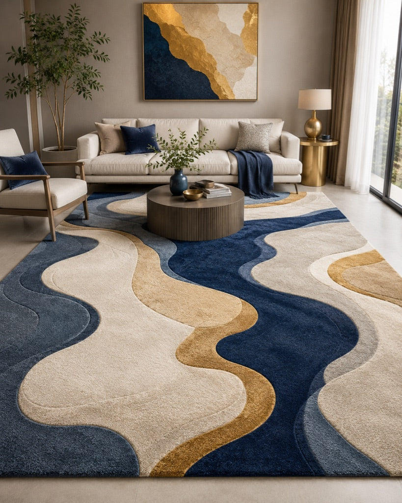 Neutral Abstract Wool Rug, Cream Beige Area Rug, Hand Tufted Modern Rug, Organic Wavy Pattern, Luxury Living Room Carpet