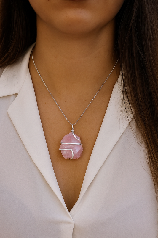 Rose Quartz Pendant | Raw Wire Wrapped Crystal Necklace | Healing Gemstone Jewelry for Anxiety & Love