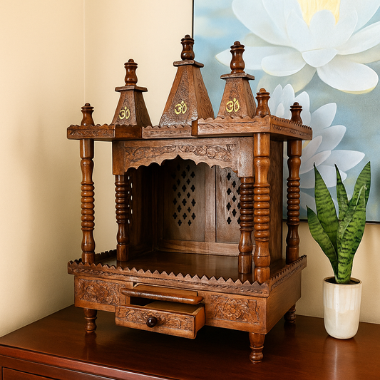 Templo de madera Sheesham Pooja Mandir artesanal con cúpula, decoración de espacio sagrado de madera premium para el hogar y la oficina