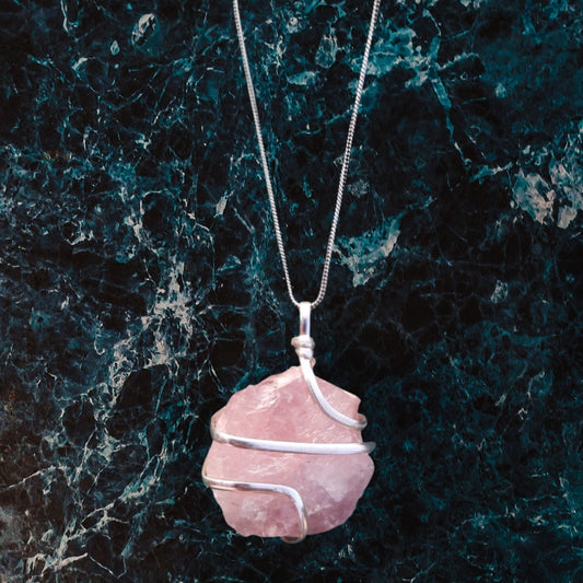 Rose Quartz Necklace, Rose Quartz Necklace Pendant, Rose Quartz Necklace Healing, Natural Raw Wire Wrapped Crystal Stone Pendant Necklace