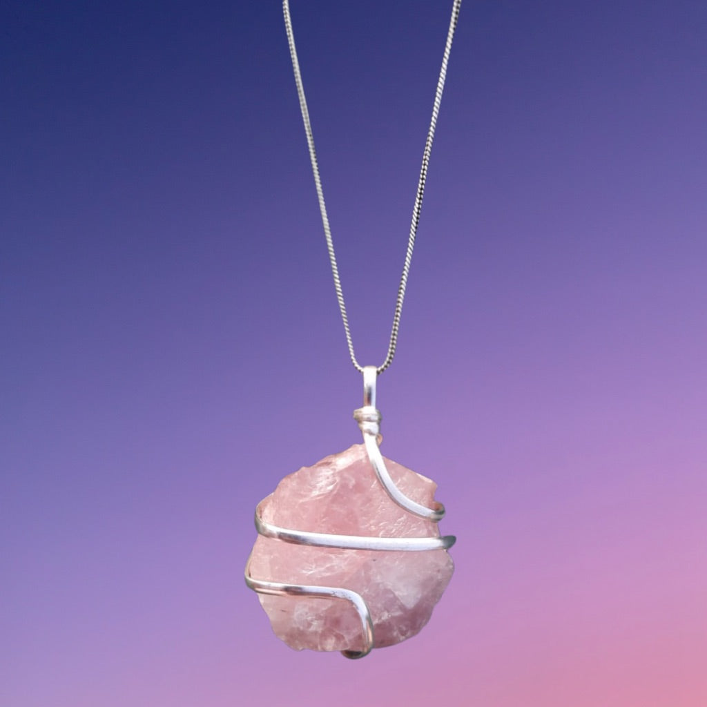 Rose Quartz Necklace, Rose Quartz Necklace Pendant, Rose Quartz Necklace Healing, Natural Raw Wire Wrapped Crystal Stone Pendant Necklace