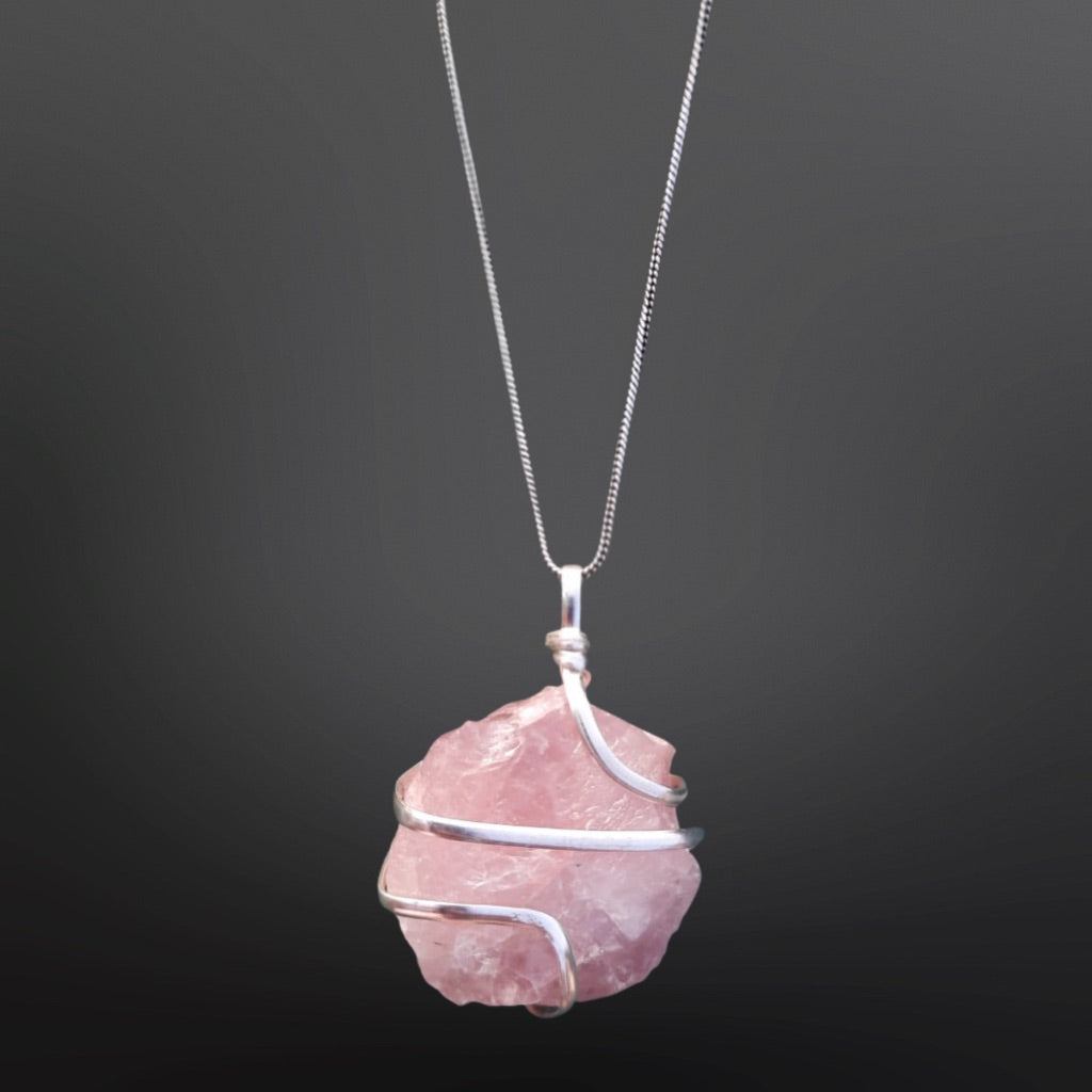 Rose Quartz Necklace, Rose Quartz Necklace Pendant, Rose Quartz Necklace Healing, Natural Raw Wire Wrapped Crystal Stone Pendant Necklace